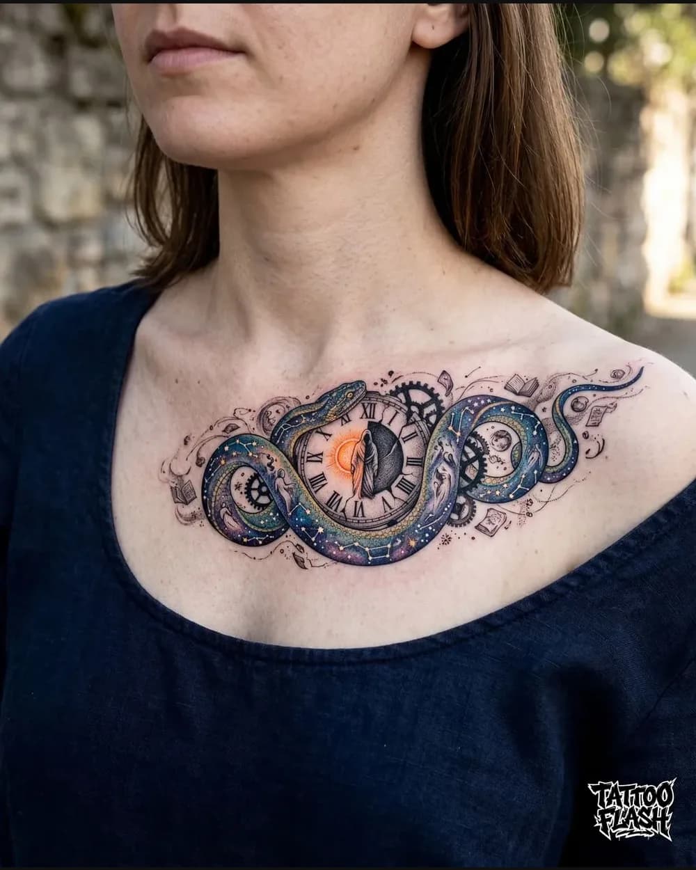 Color celestial serpent and clock tattoo photographed straight on across a shoulder