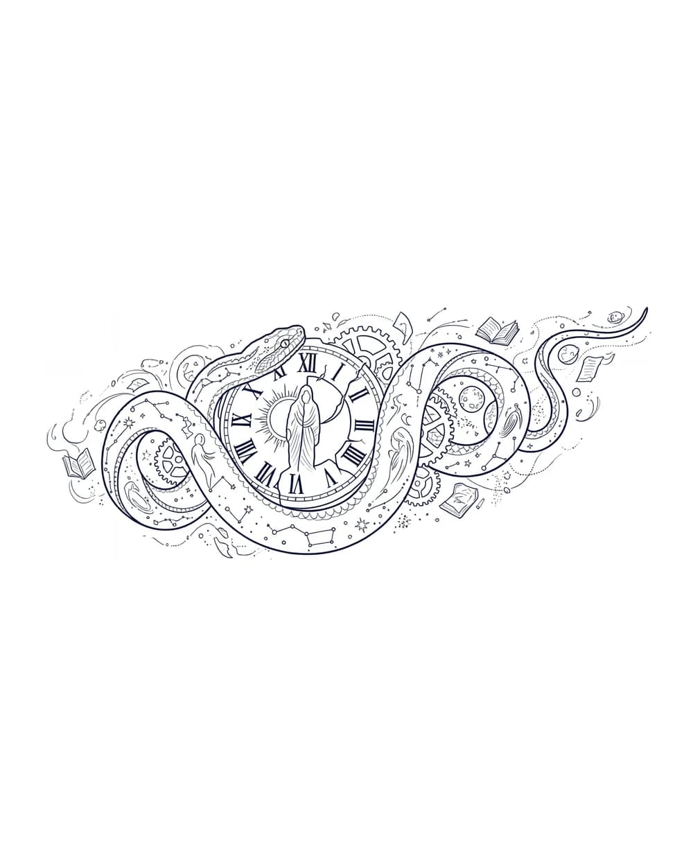 Black outline tattoo stencil preserving the serpent, clock face, gears, books, and celestial details