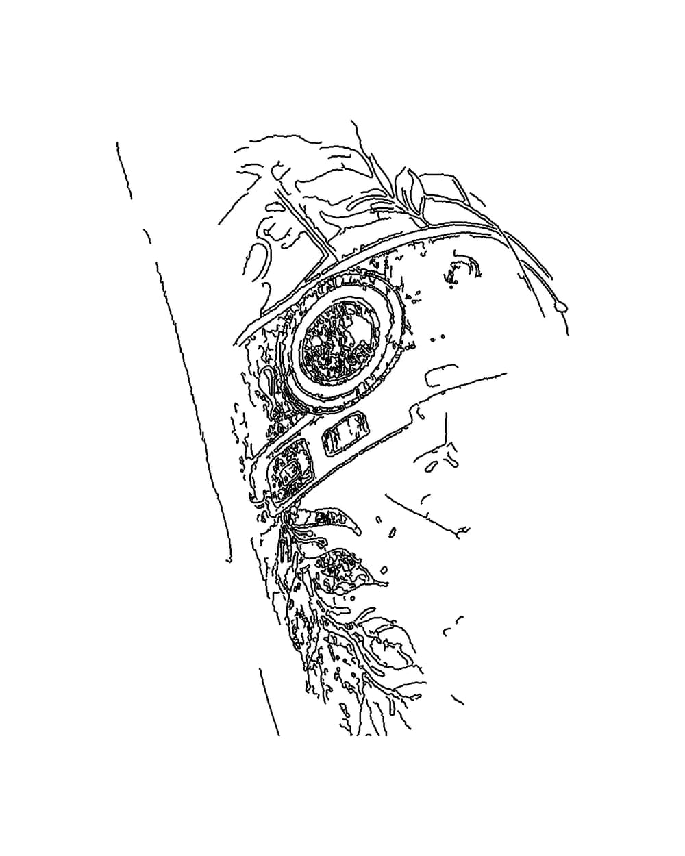 Incomplete tattoo outline showing weakened camera, landscape, and frame details caused by glare and perspective