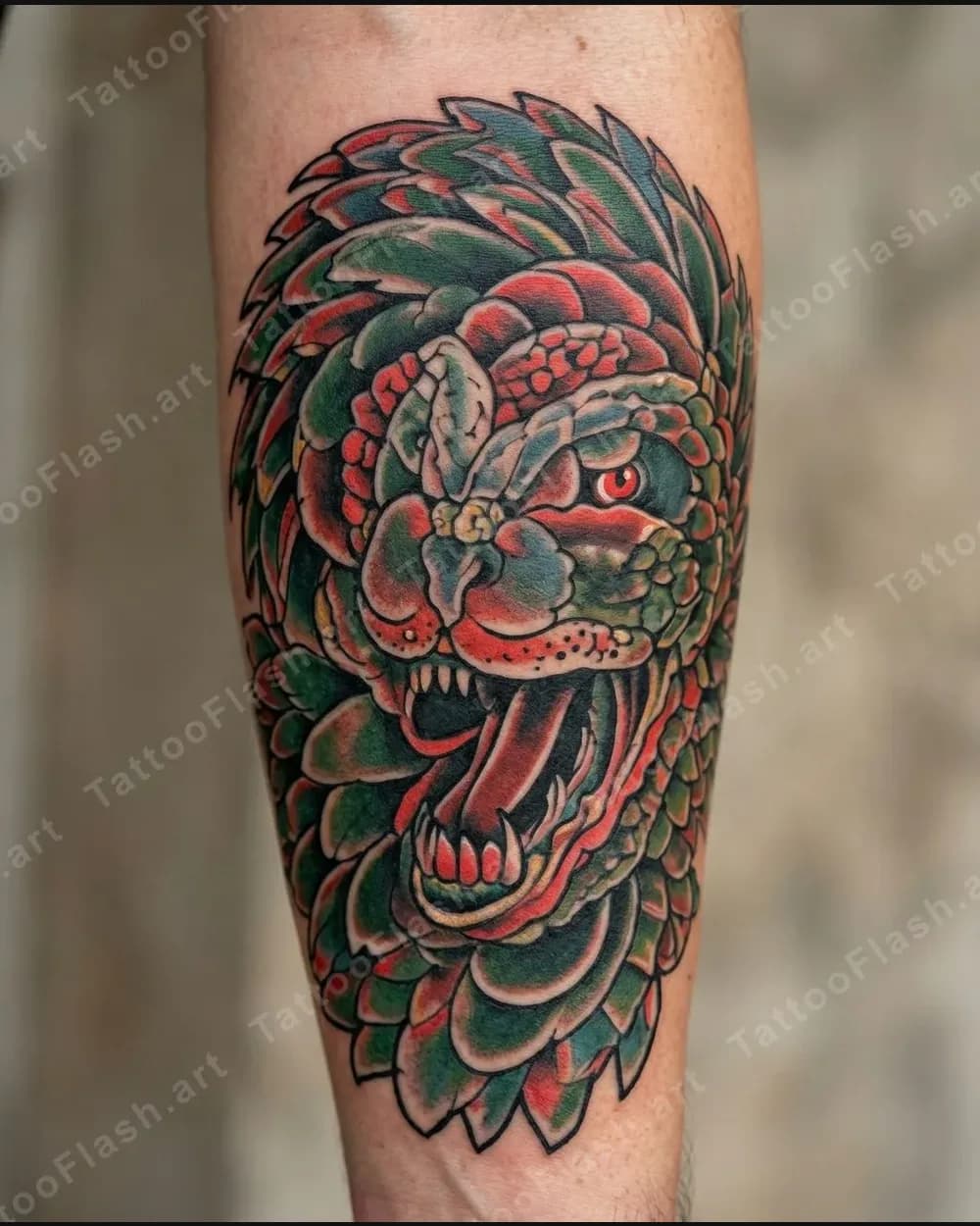 Color guardian lion tattoo photographed straight on along a forearm