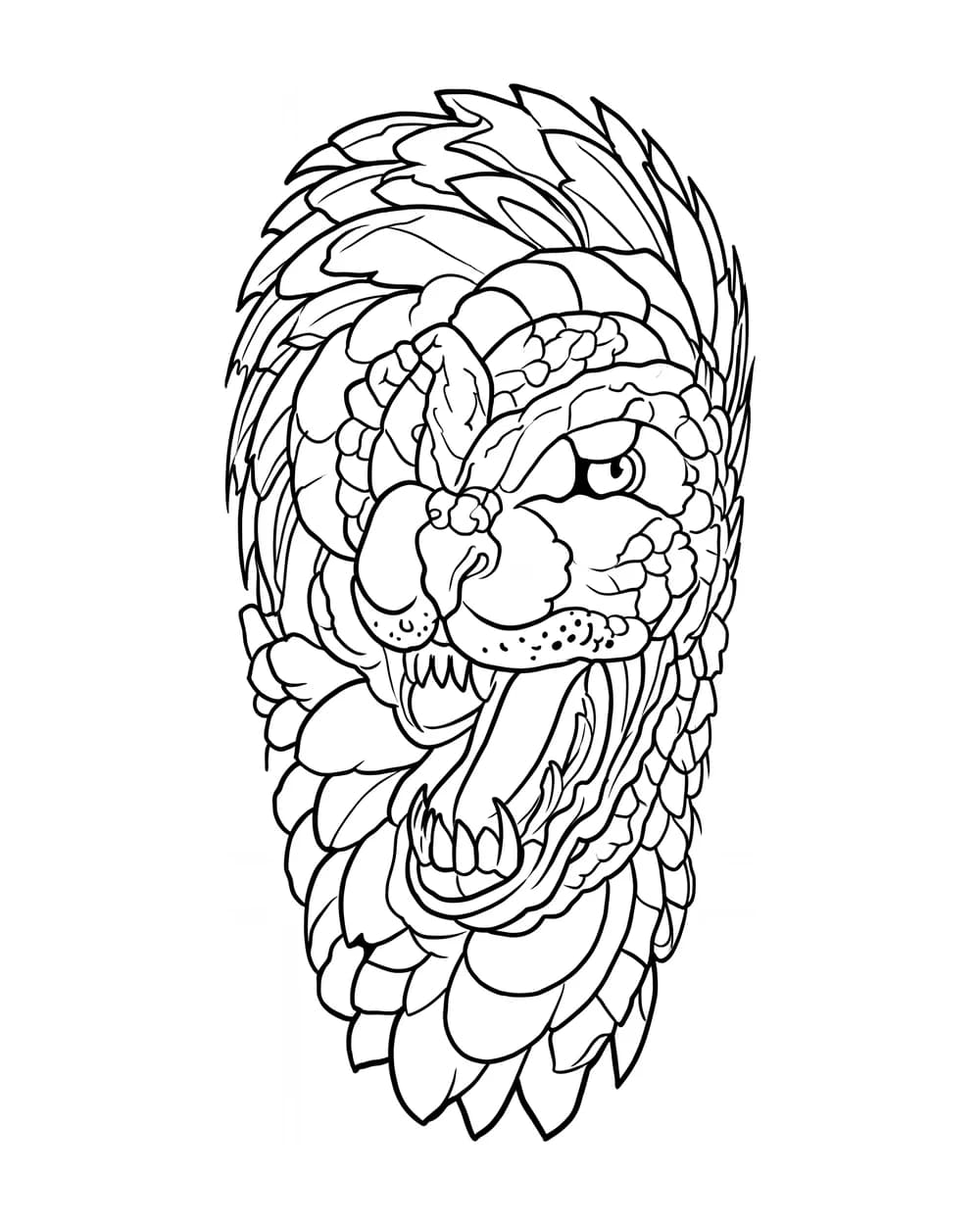 Black outline tattoo stencil preserving the guardian lion face, eye, mouth, fangs, and layered mane