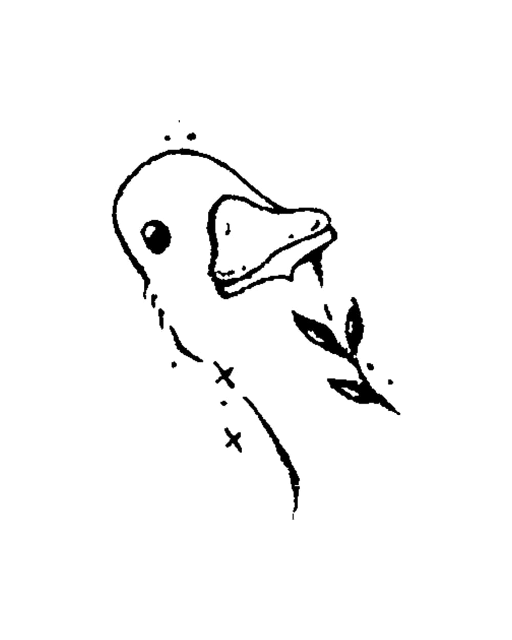 Black tattoo stencil preserving the duck head, beak, botanical sprig, dots, and small cross marks