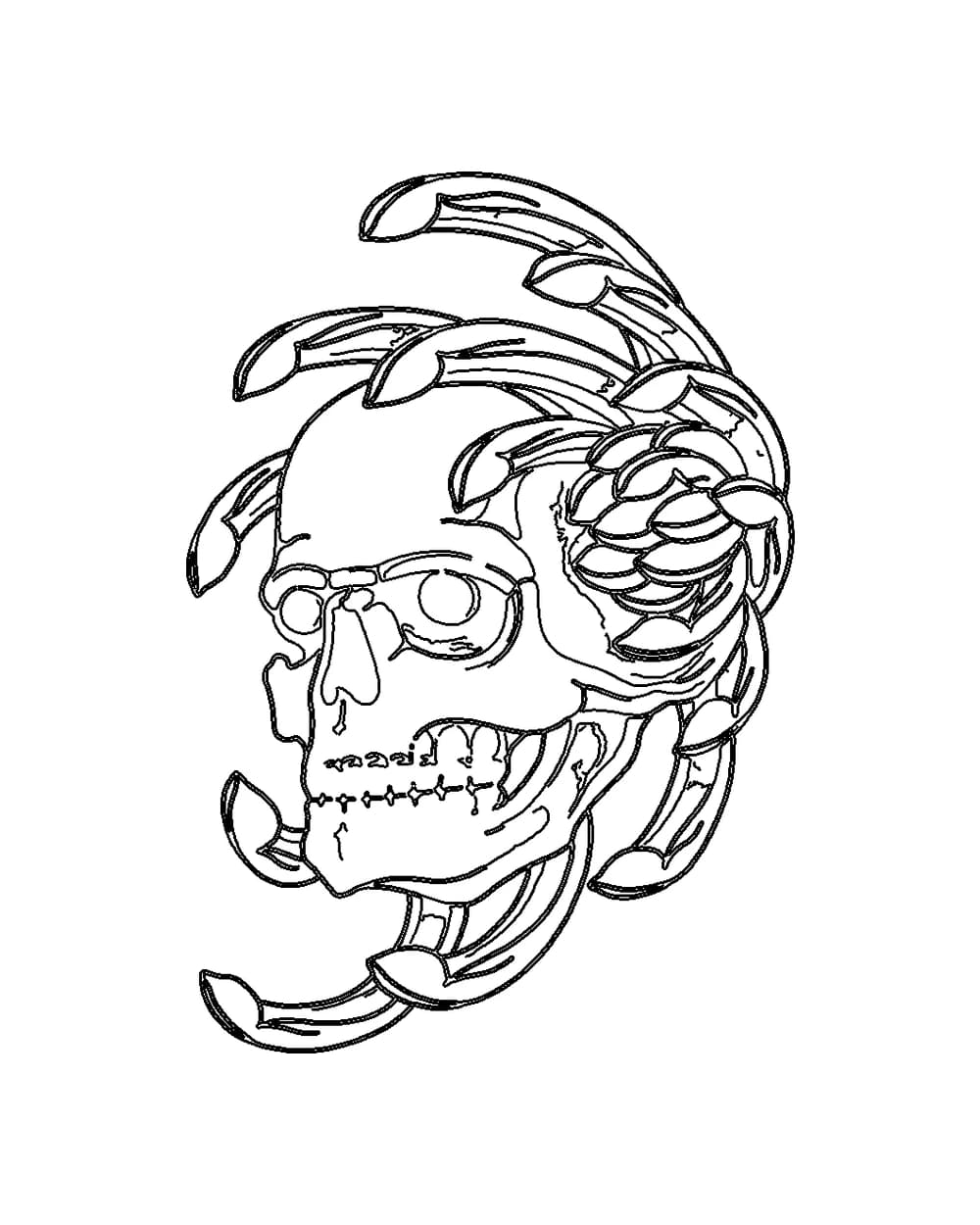 Clean black outline stencil preserving the skull, jaw, eye sockets, teeth, and botanical leaves