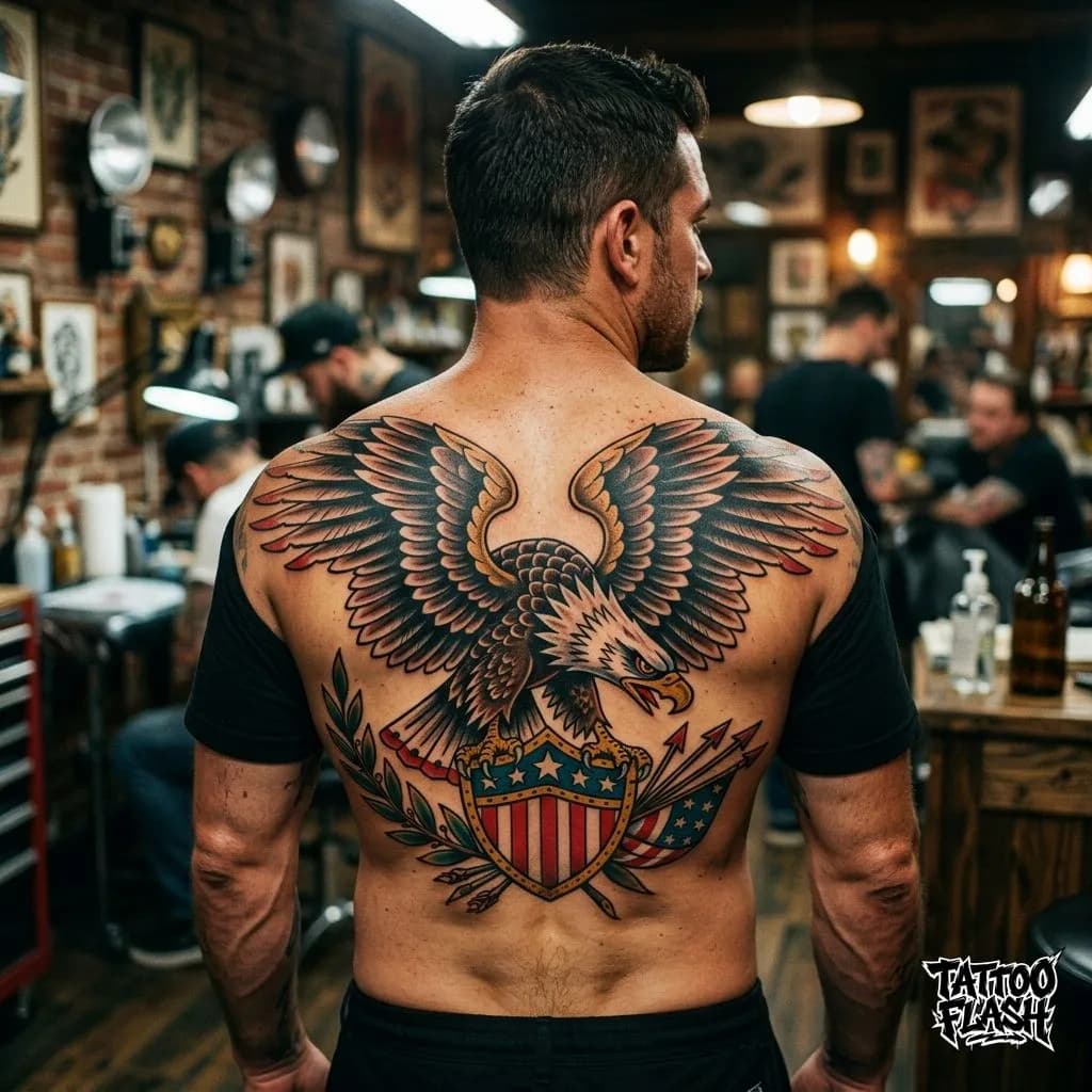 Traditional Eagle Back Tattoo