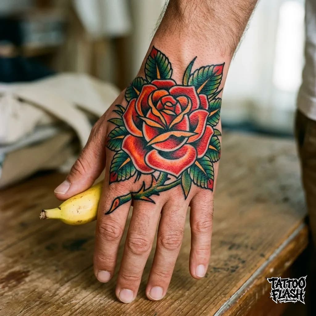 Traditional Rose Hand Tattoo