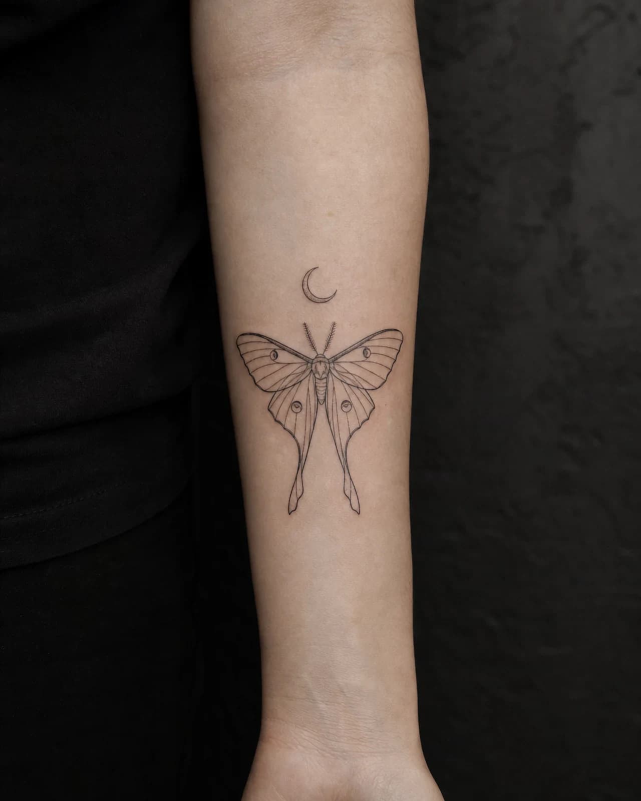Fine line lunar moth and crescent tattoo centered on an adult outer forearm