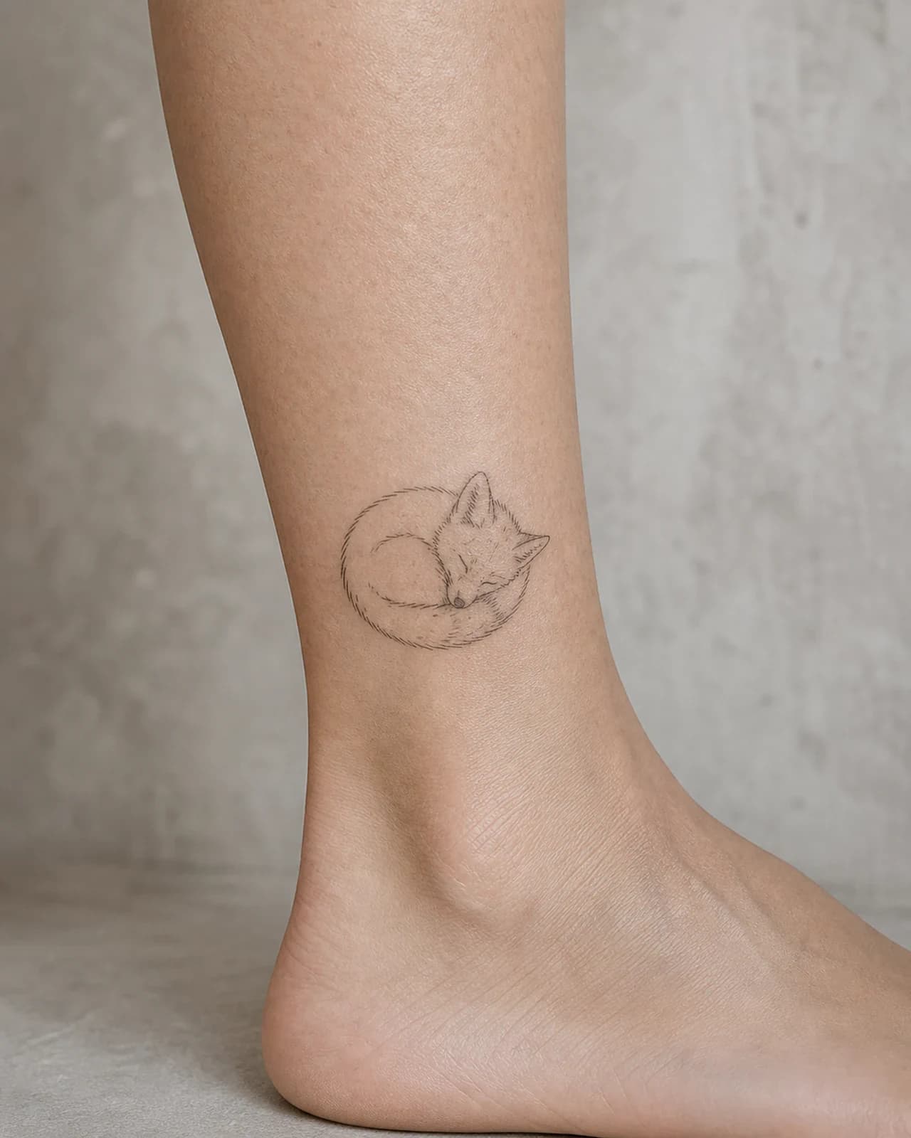 Small curled sleeping fox rendered as a fine line tattoo above an adult ankle