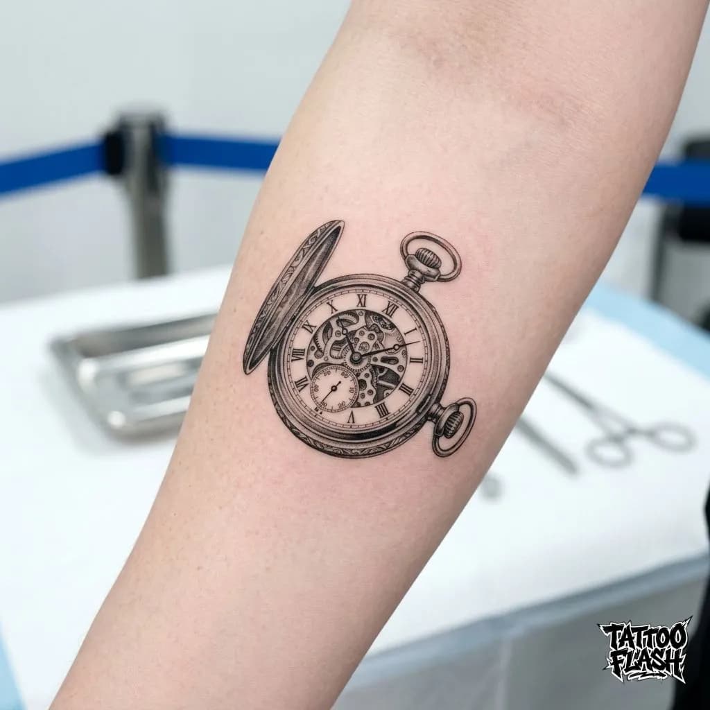 Intricate Micro Realism Pocket Watch Tattoo