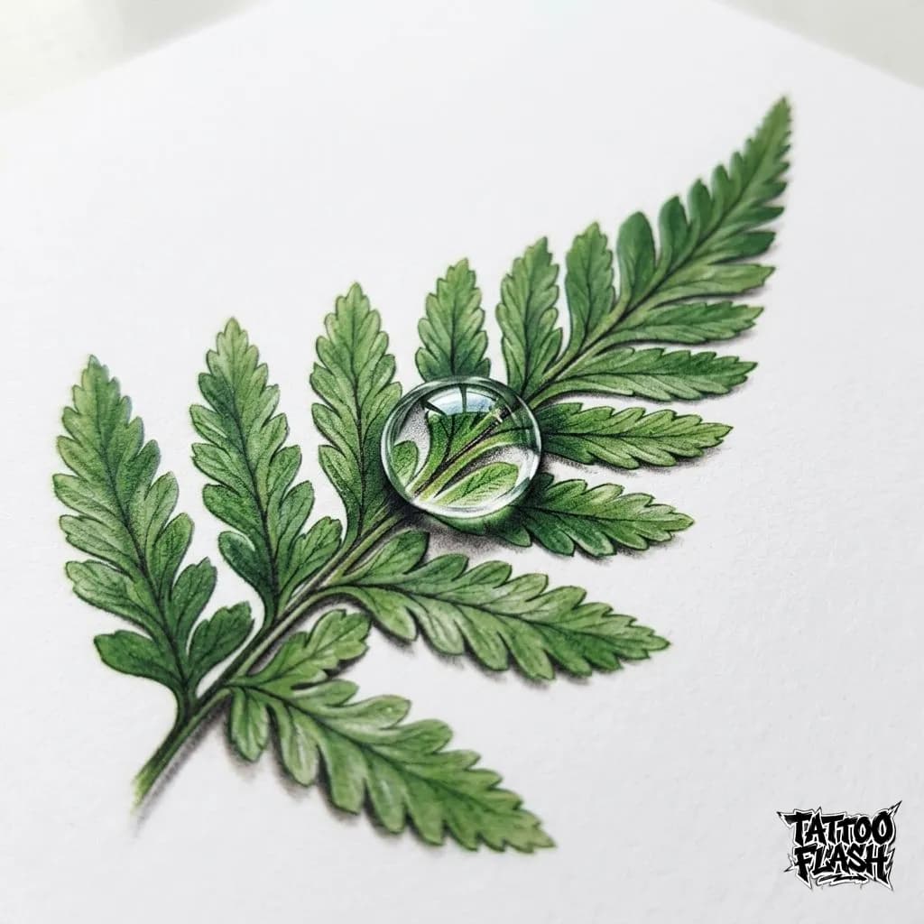 Micro Realism Botanical Fern & Dew Drop Tattoo