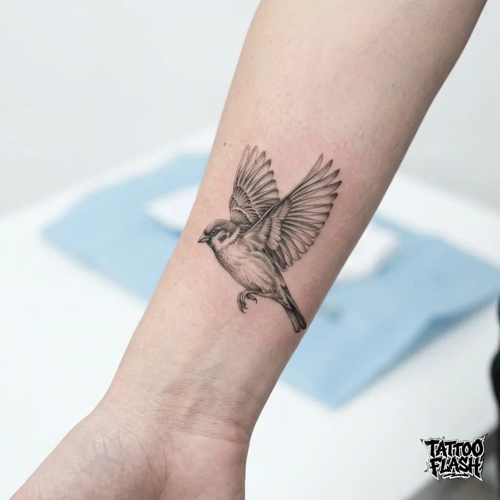 Micro Realism Soaring Sparrow Chest Tattoo