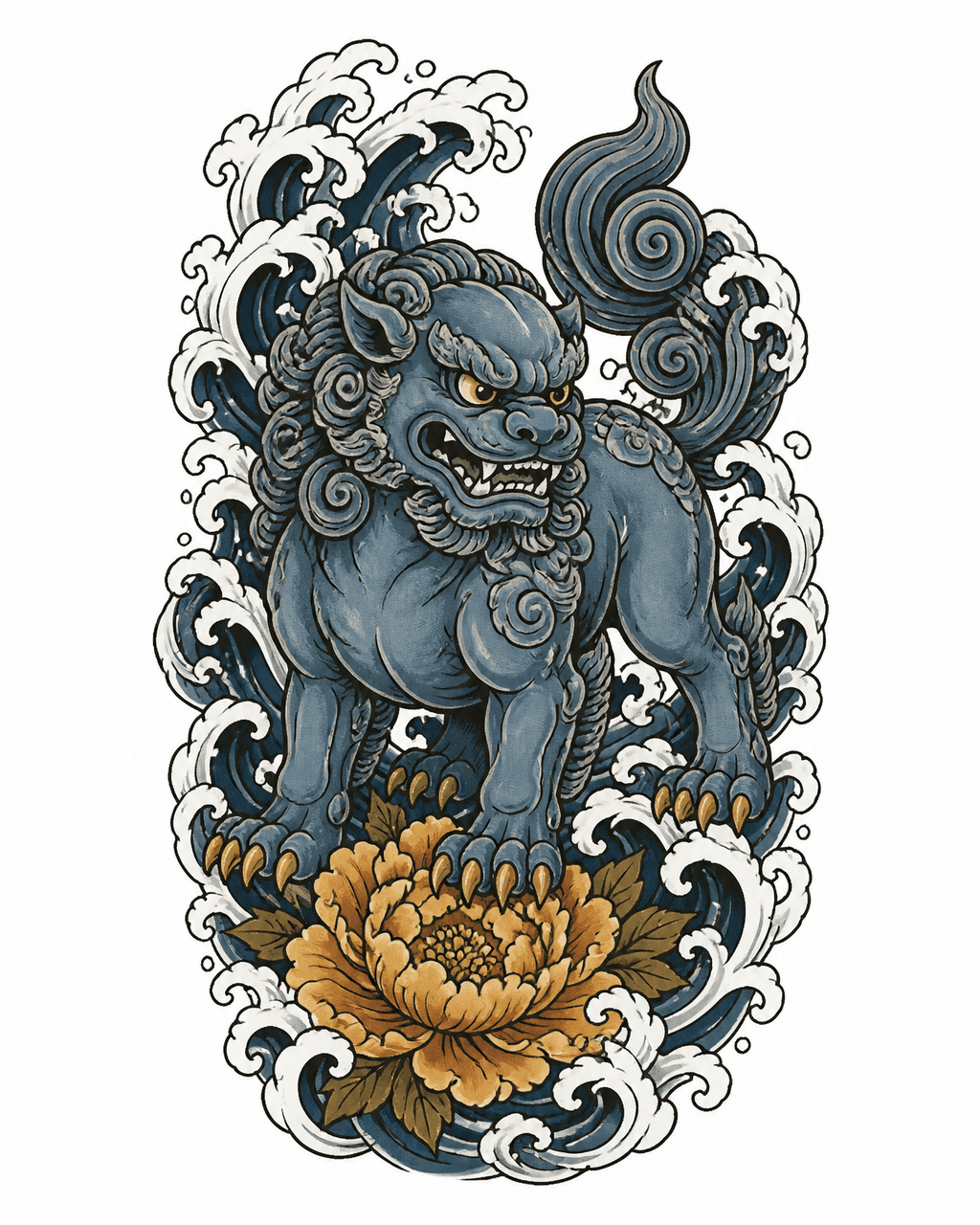 Japanese blue-grey foo dog and waves calf tattoo