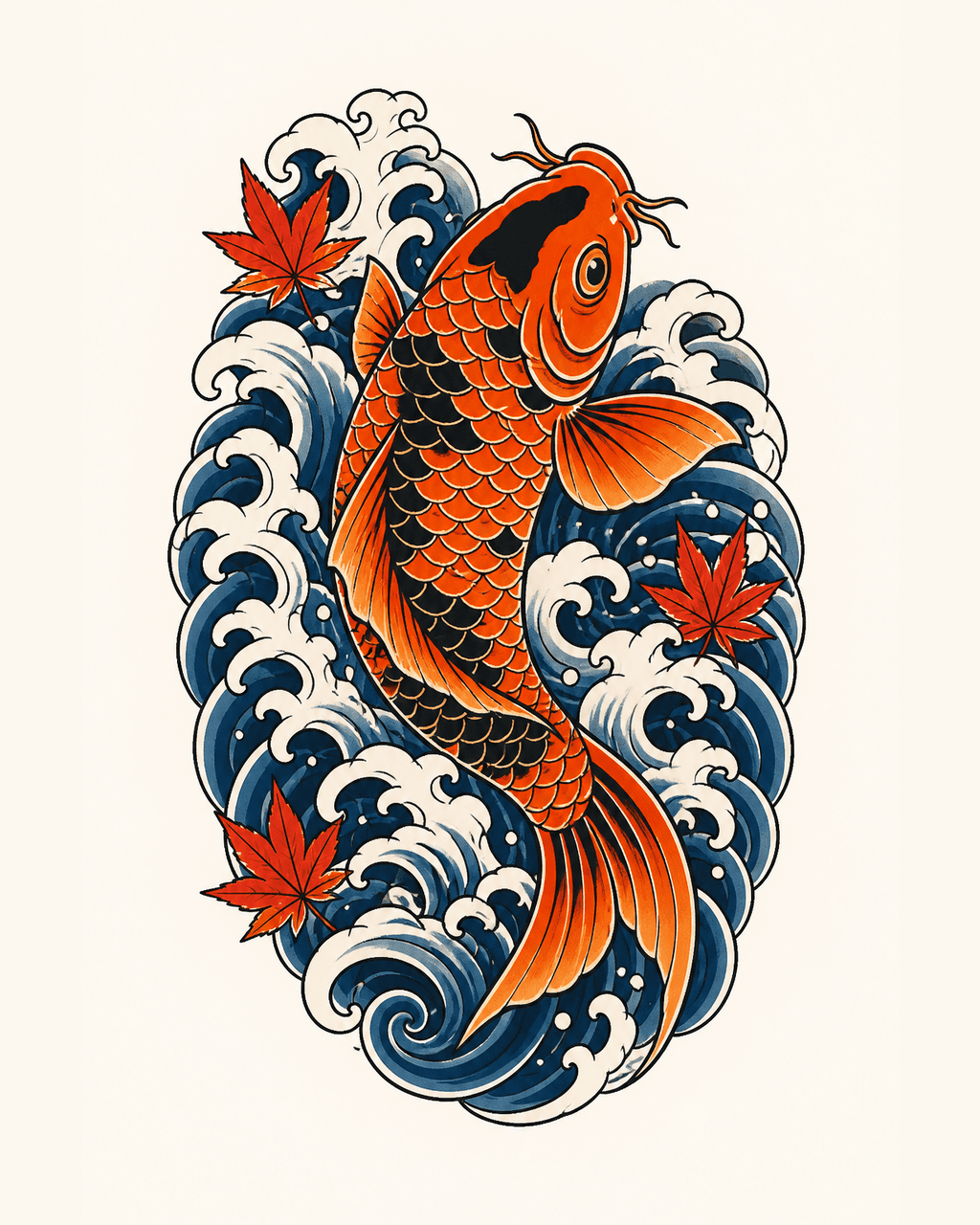 Japanese orange koi and blue waves thigh tattoo