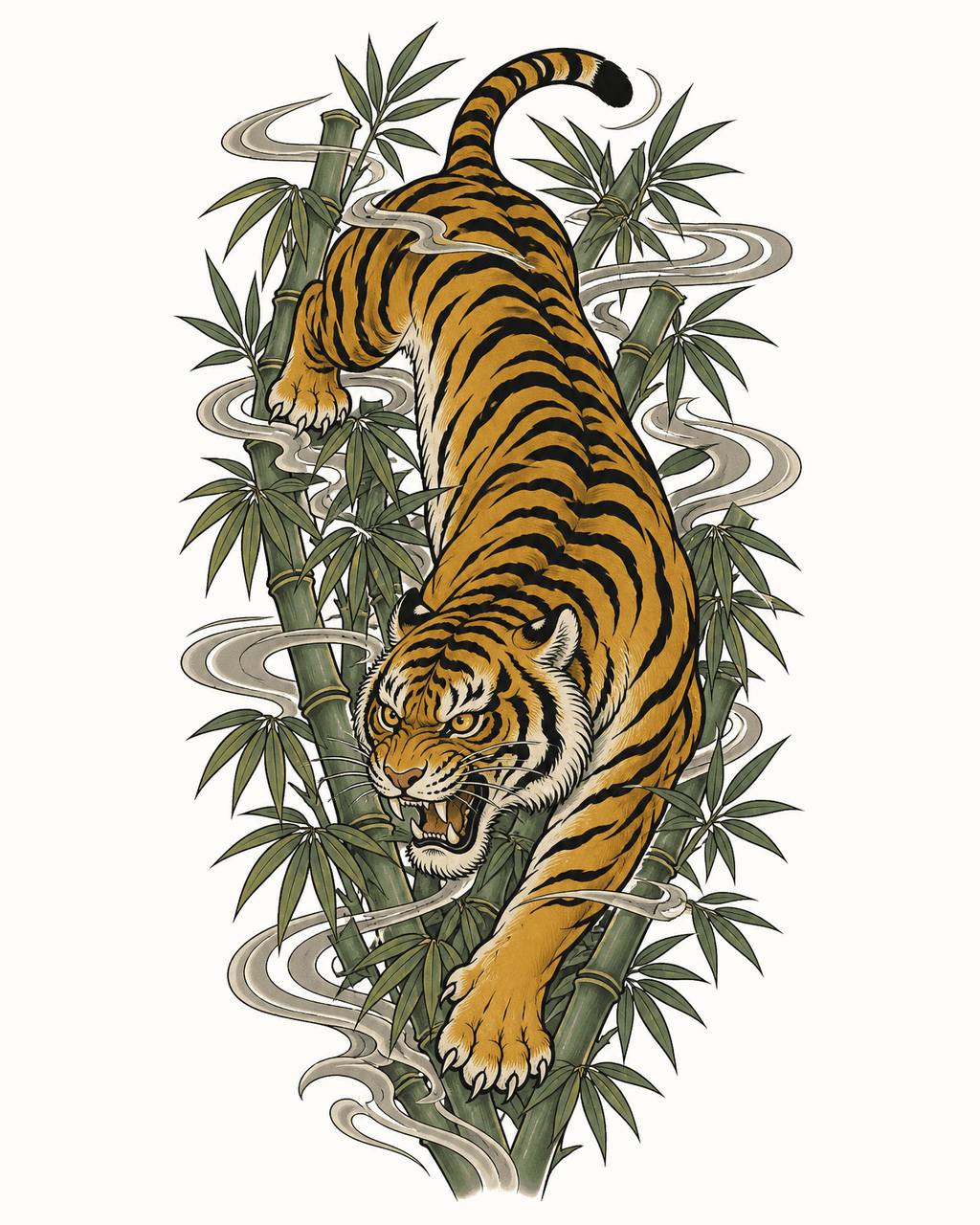 Japanese gold tiger and green bamboo thigh tattoo