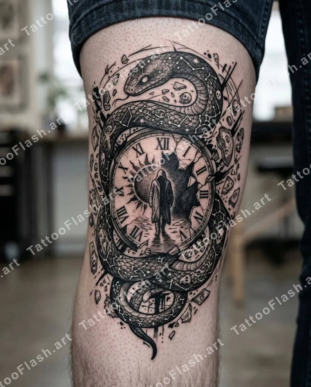 Trash Polka tattoo design reference for the knee