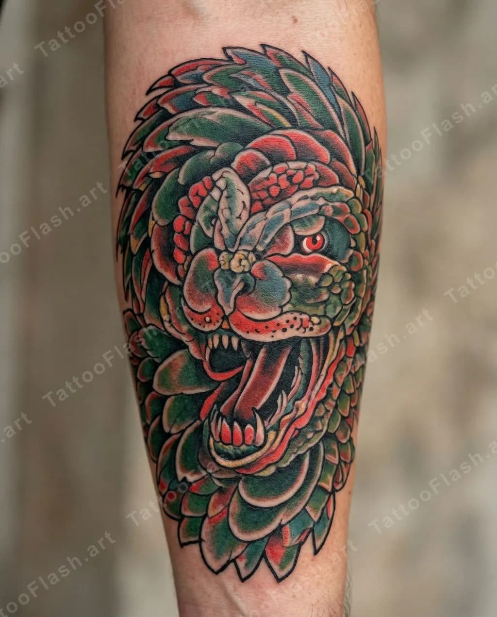 Old school style tattoo design with thick bold black outlines and flat primary color fills, arranged in a vertical composition wrapping around a human forearm.