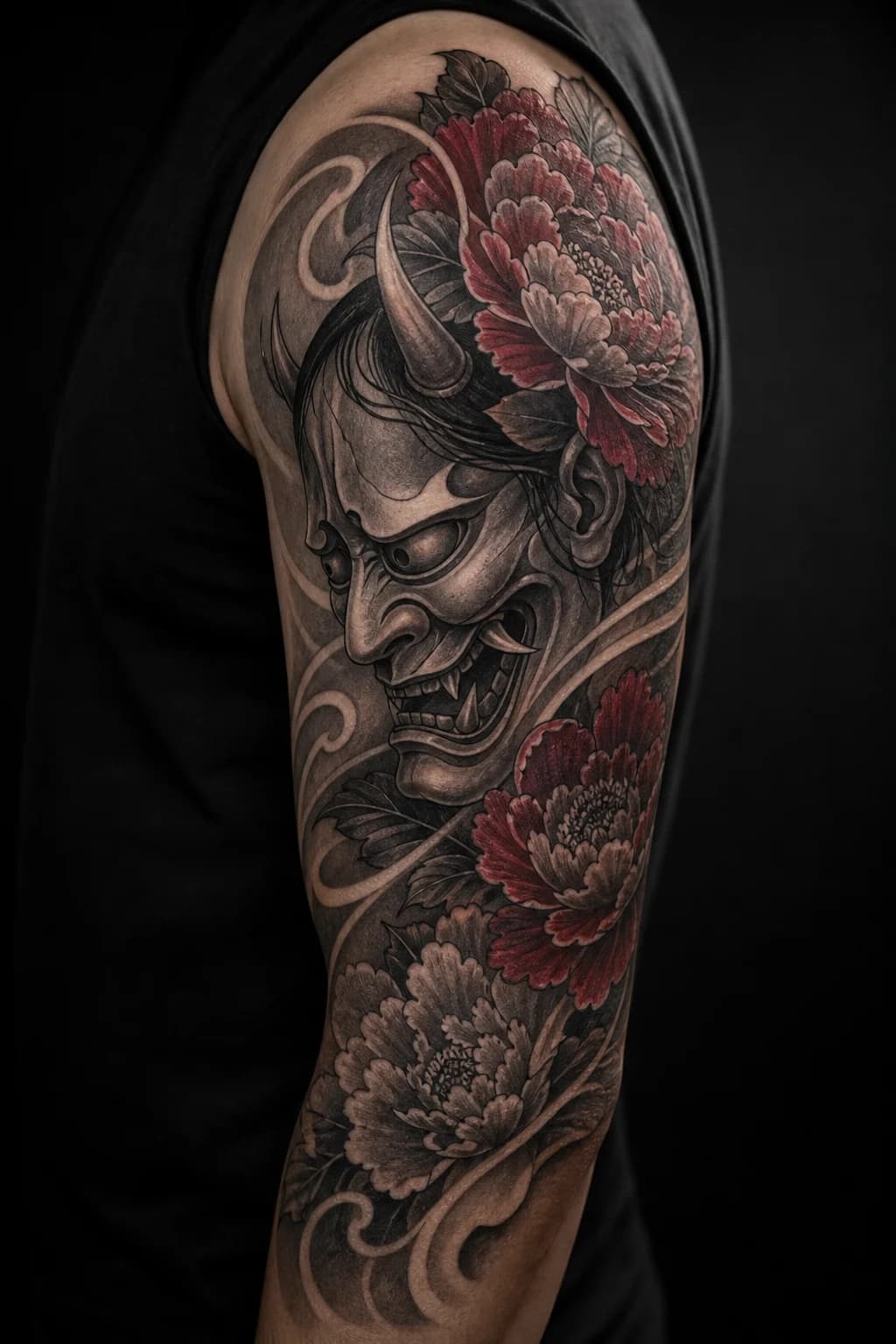 AI-generated Japanese mask and peony bicep cover-up concept