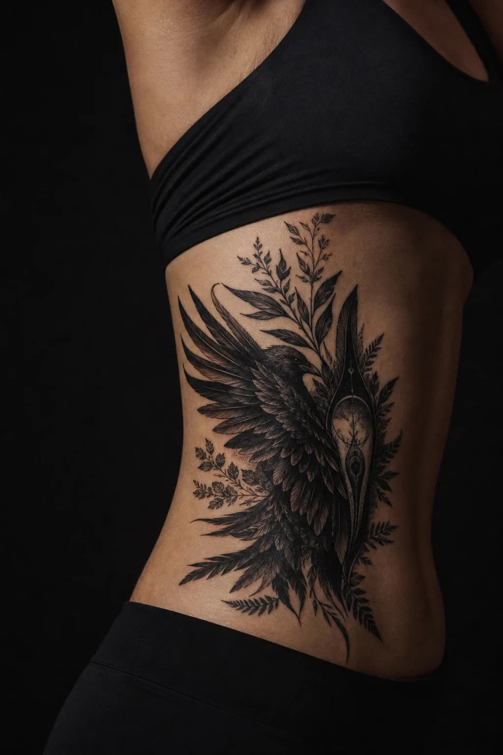 AI-generated illustrative raven and botanical rib cover-up concept