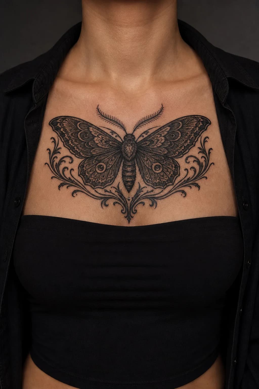 AI-generated symmetrical ornamental moth chest cover-up concept