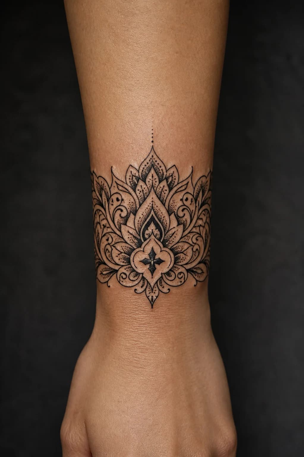 AI-generated high-contrast ornamental wrist cover-up concept
