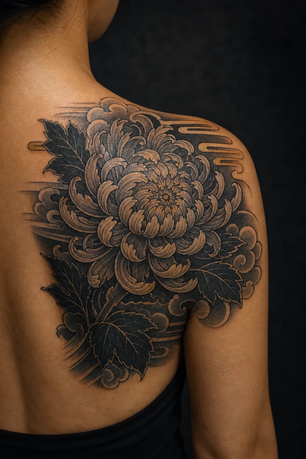 AI-generated Japanese chrysanthemum shoulder-blade cover-up concept