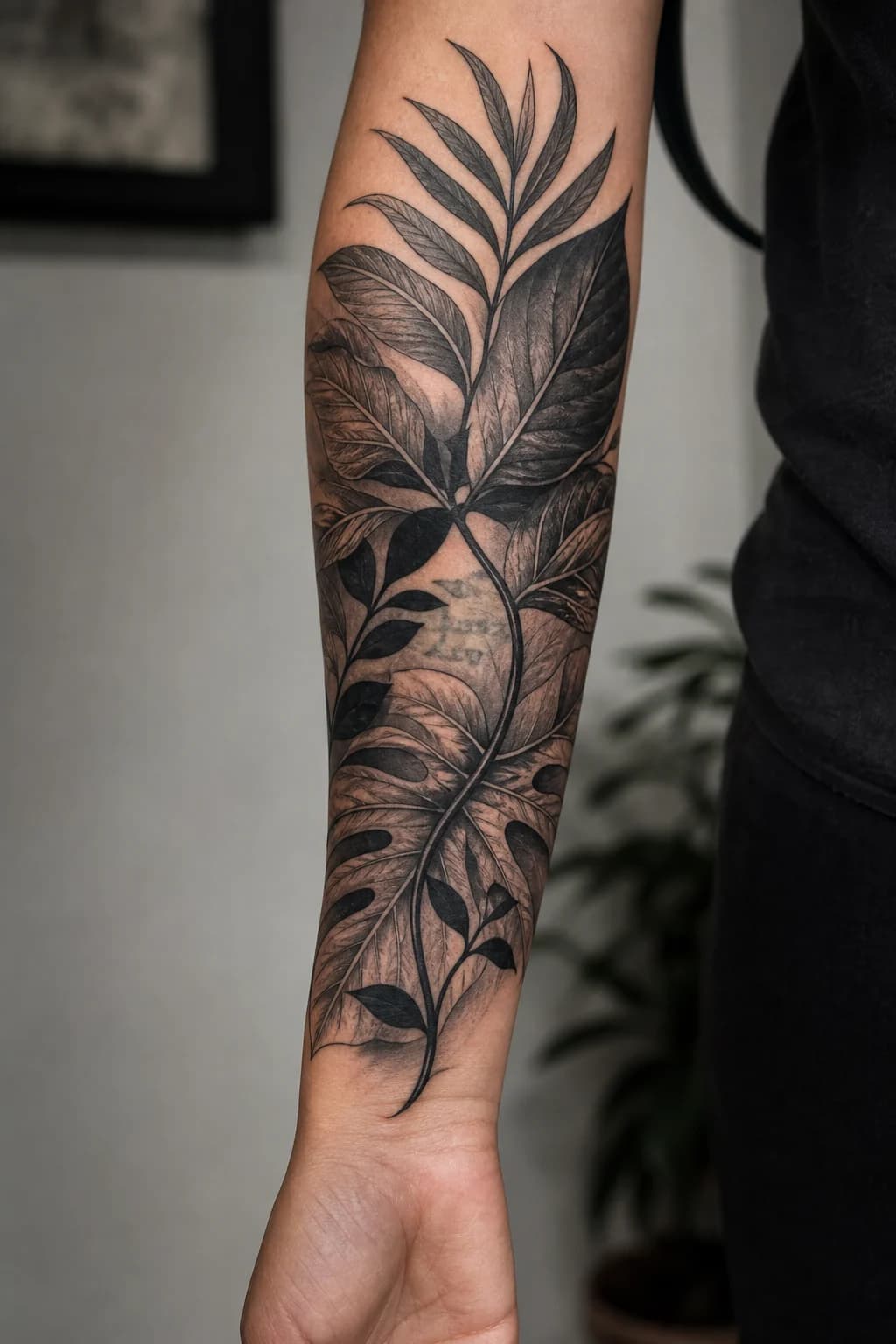 AI-generated blackwork botanical cover-up concept wrapping an adult forearm