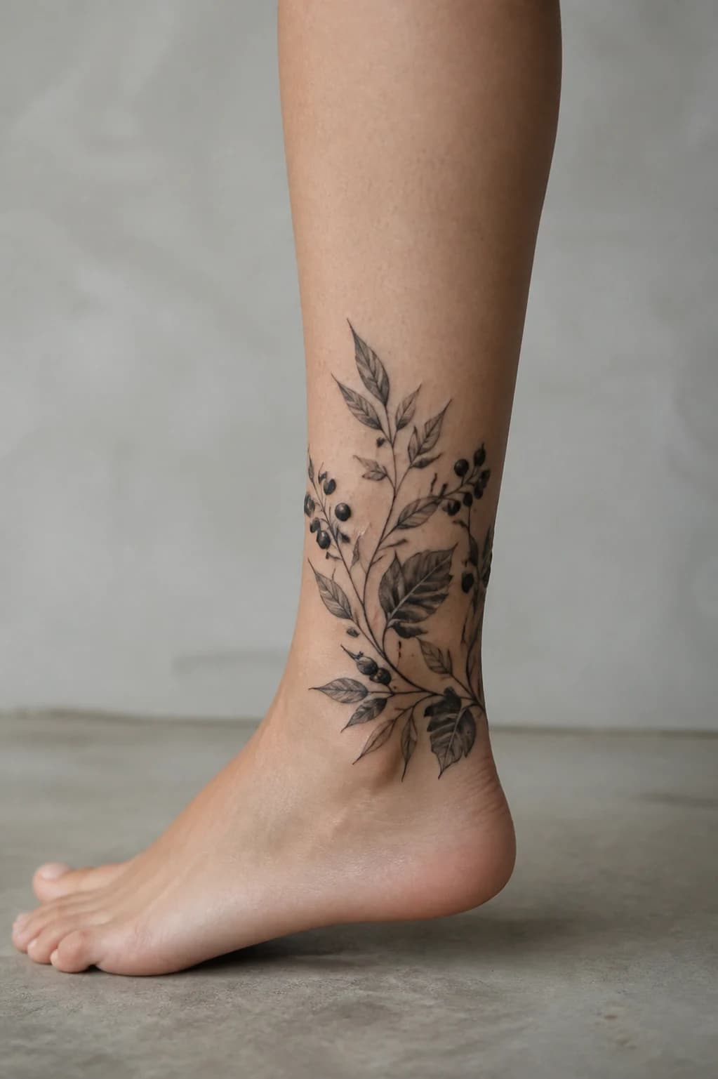 AI-generated low botanical ankle cover-up concept in blackwork