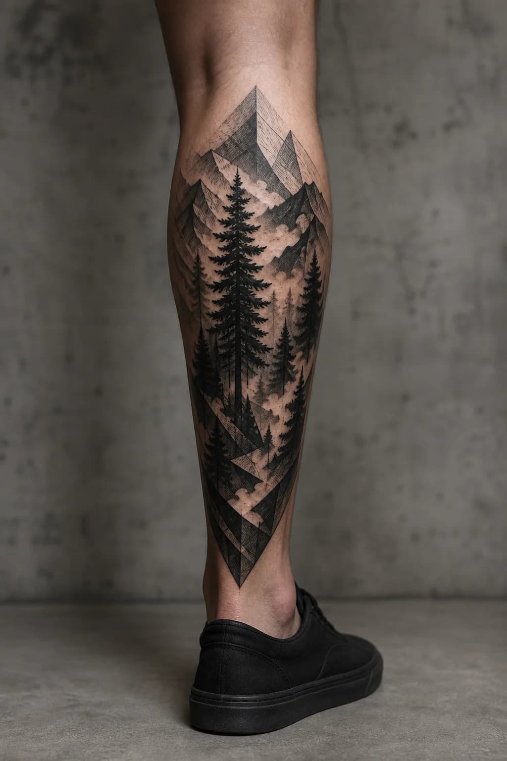 AI-generated blackwork forest and mountain calf cover-up concept