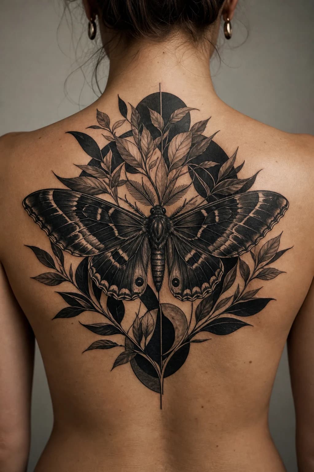 AI-generated large blackwork moth and leaves upper-back cover-up concept