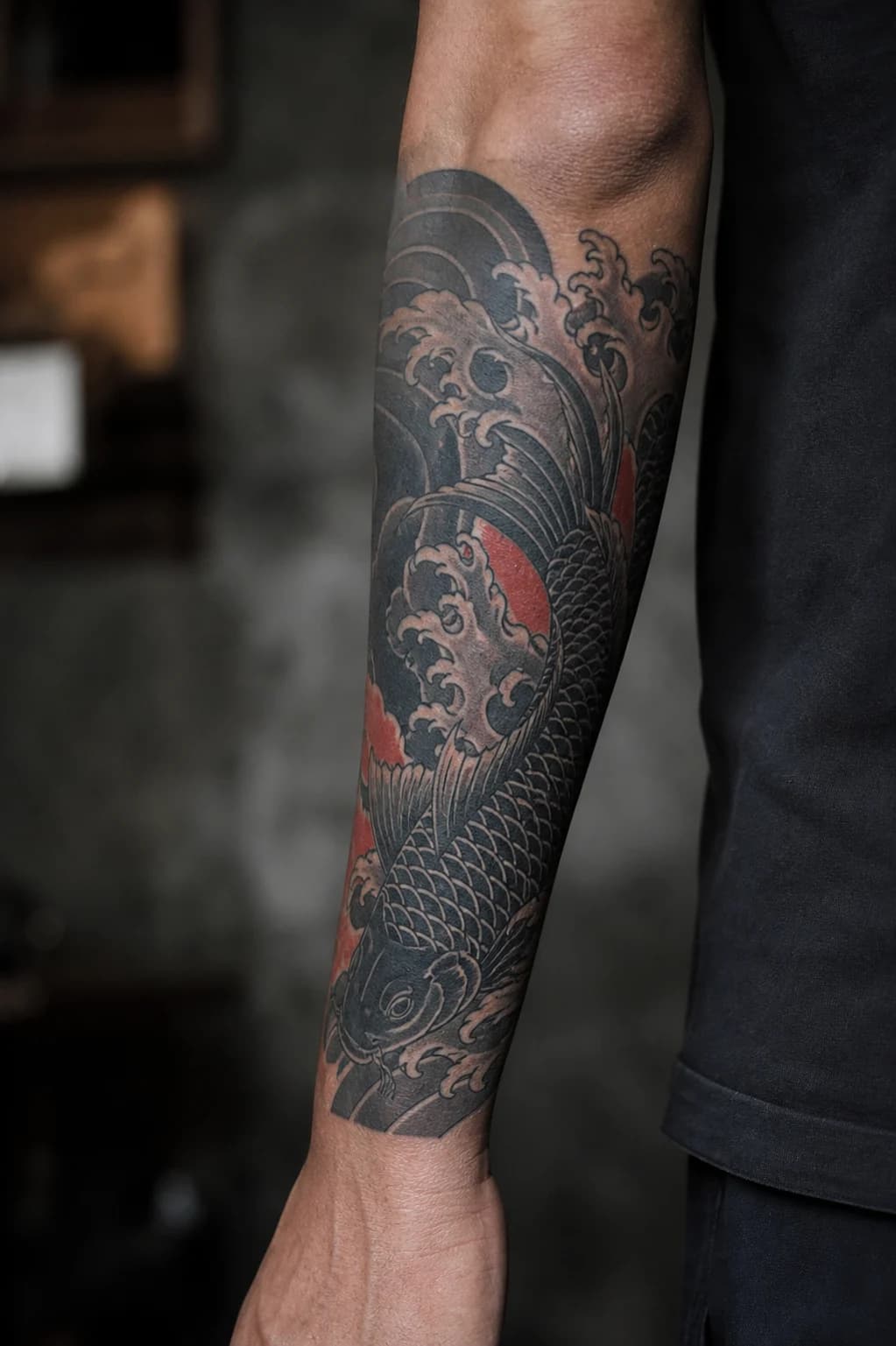 AI-generated Japanese koi and wave forearm cover-up concept