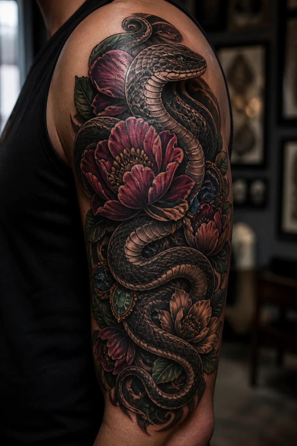 AI-generated neo-traditional snake and flower bicep cover-up concept