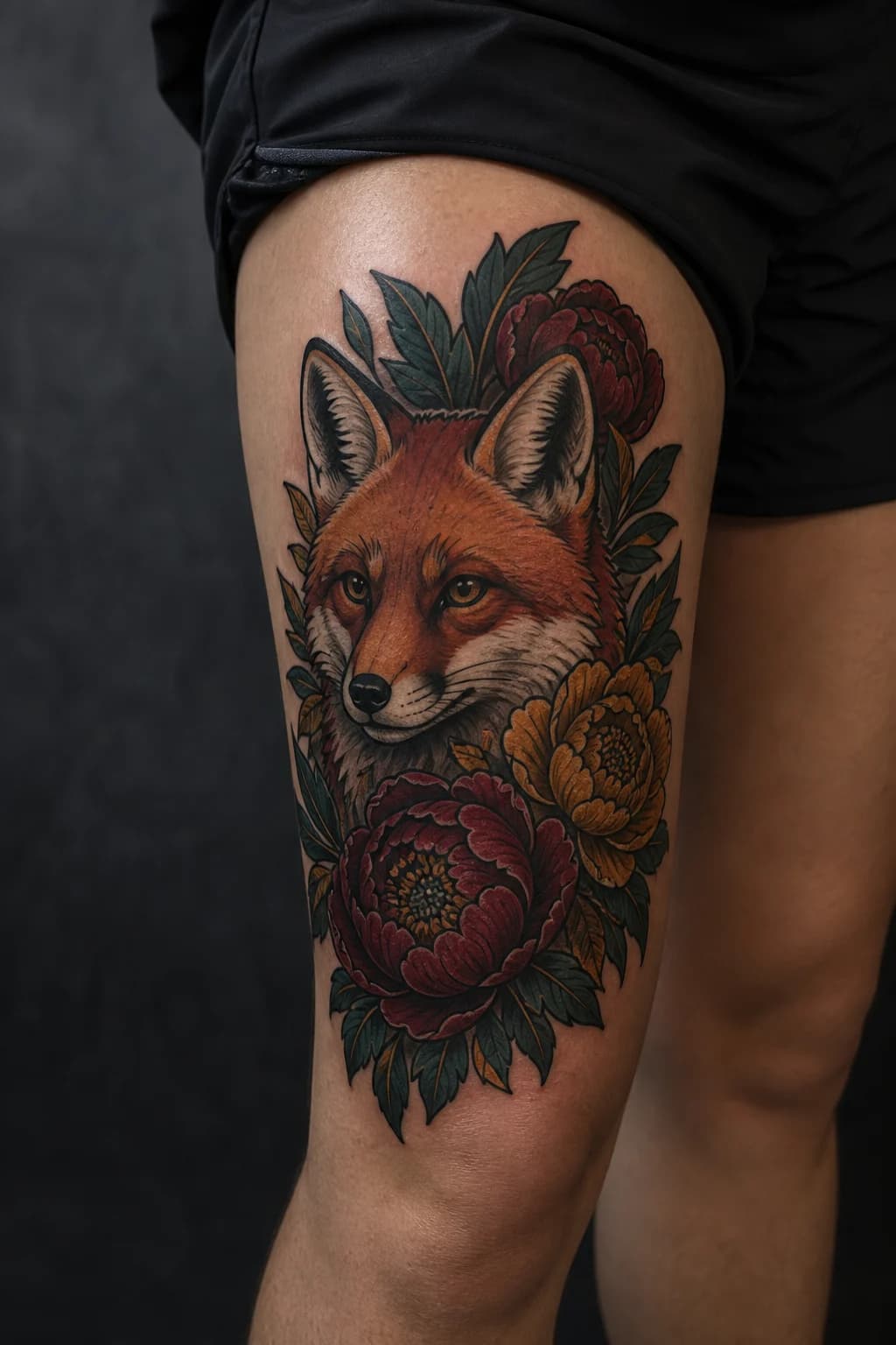 AI-generated neo-traditional fox and peony thigh cover-up concept