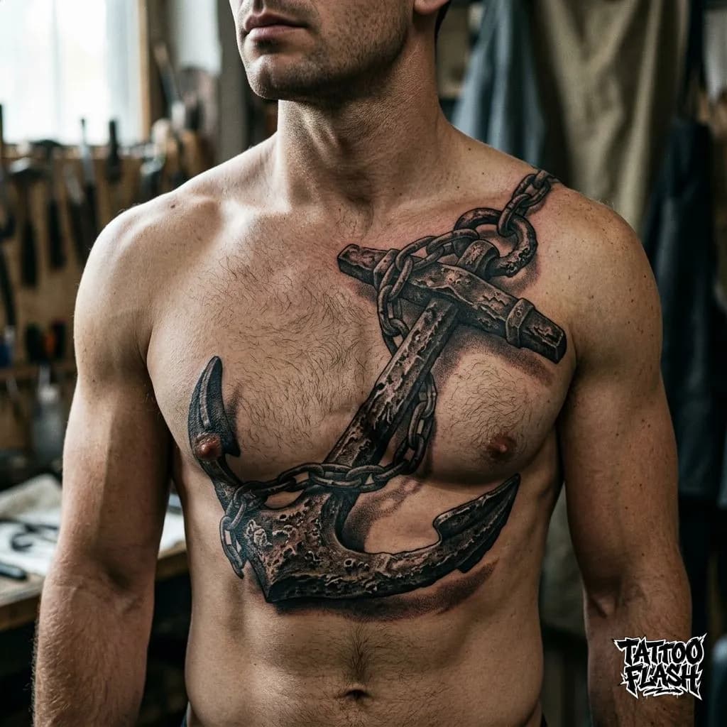 Hyper-Realism Anchor Chest Tattoo