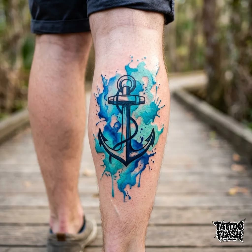 Abstract Watercolor Anchor Calf Tattoo