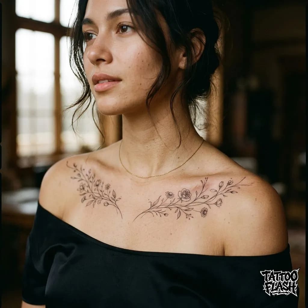 Fine-Line Floral Collarbone Tattoo