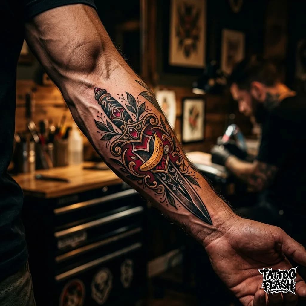 Neo-Traditional Forearm Dagger Tattoo