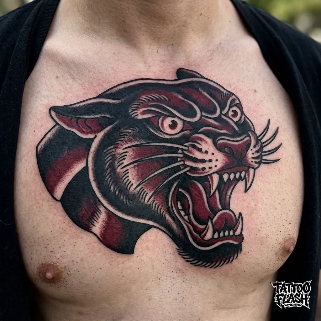 Traditional Panther Head Chest Tattoo