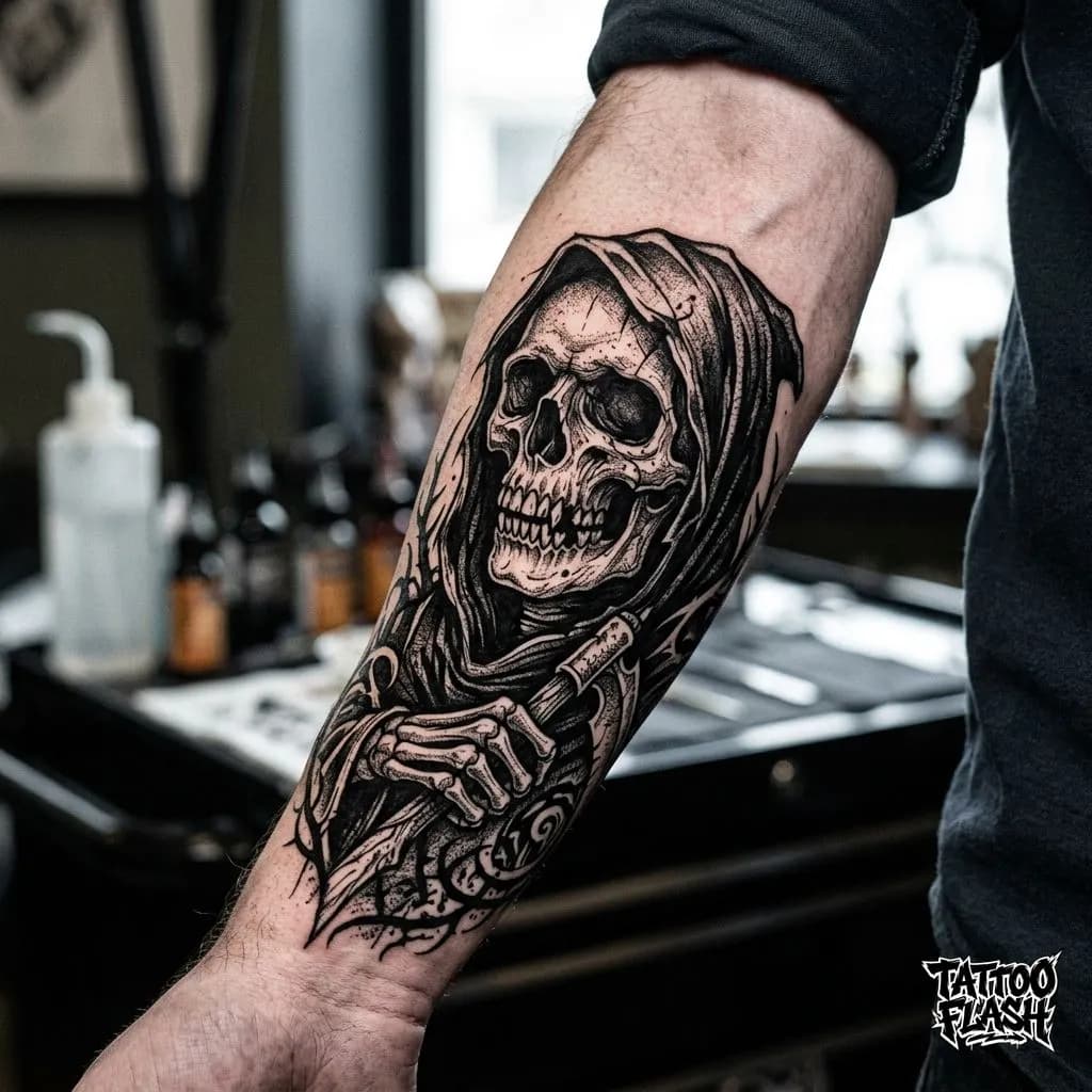 Dark Art Blackwork Reaper Forearm Tattoo