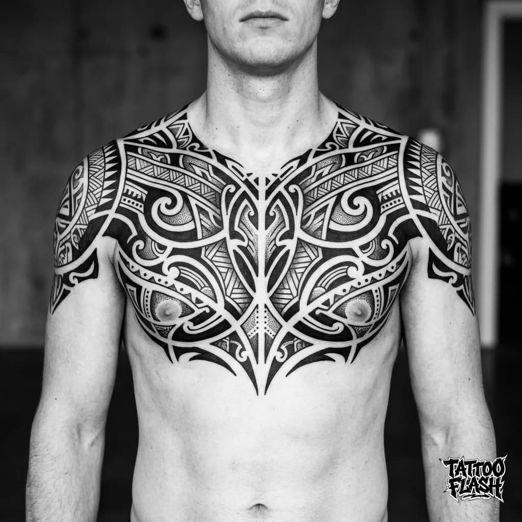Heavy Tribal Blackwork Chest Tattoo
