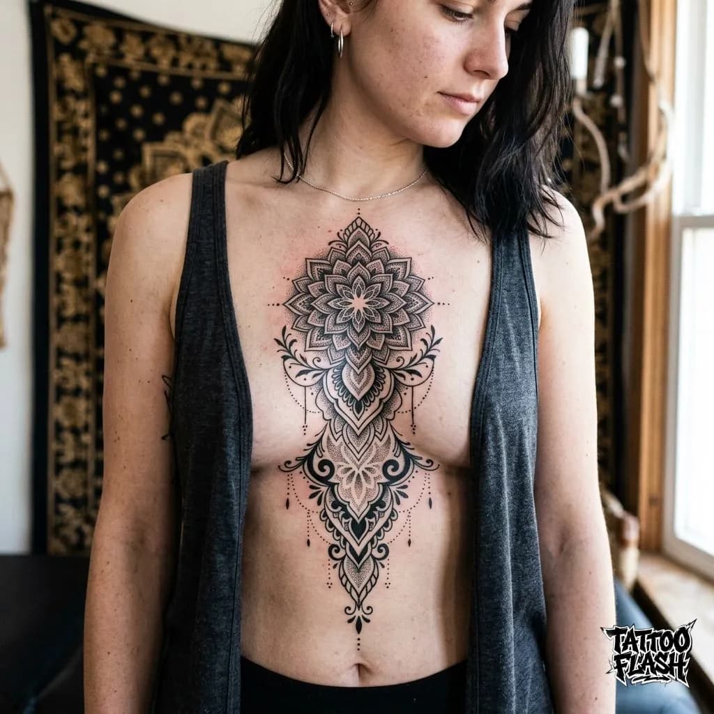 Ornamental Blackwork Sternum Tattoo