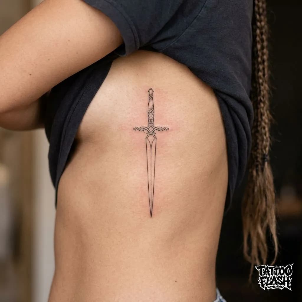Delicate Fine-Line Dagger Rib Tattoo