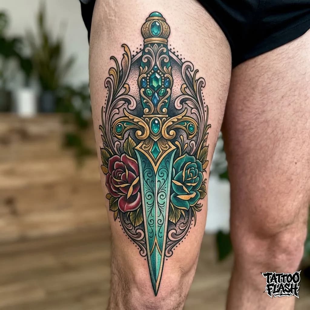 Neo-Traditional Jeweled Dagger Tattoo