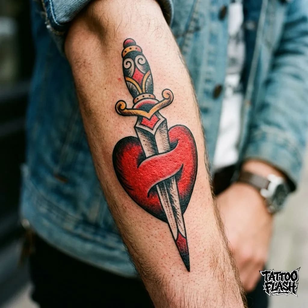 Traditional Dagger and Heart Forearm Tattoo