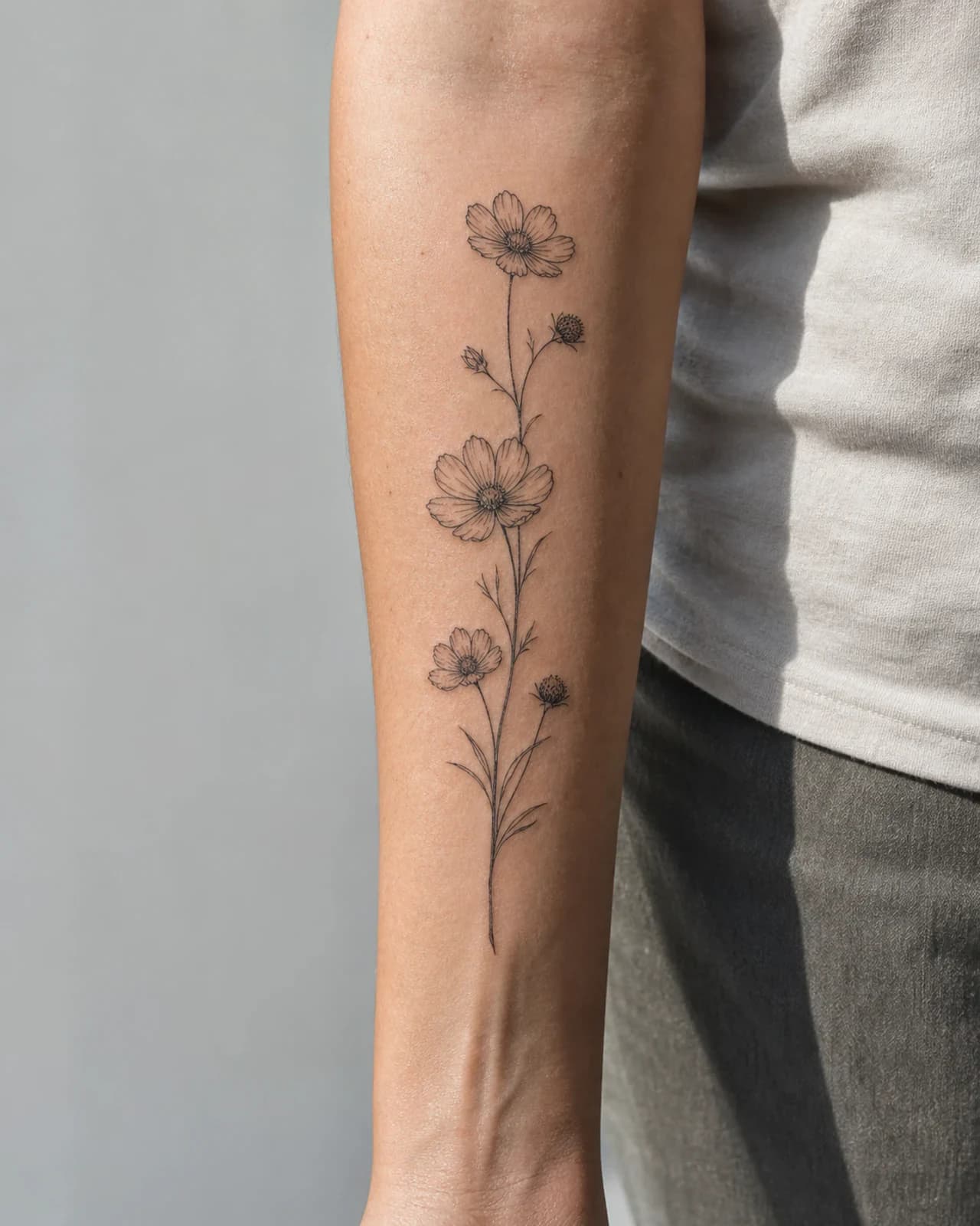 Delicate black fine line wildflower stem tattoo running vertically along an adult forearm
