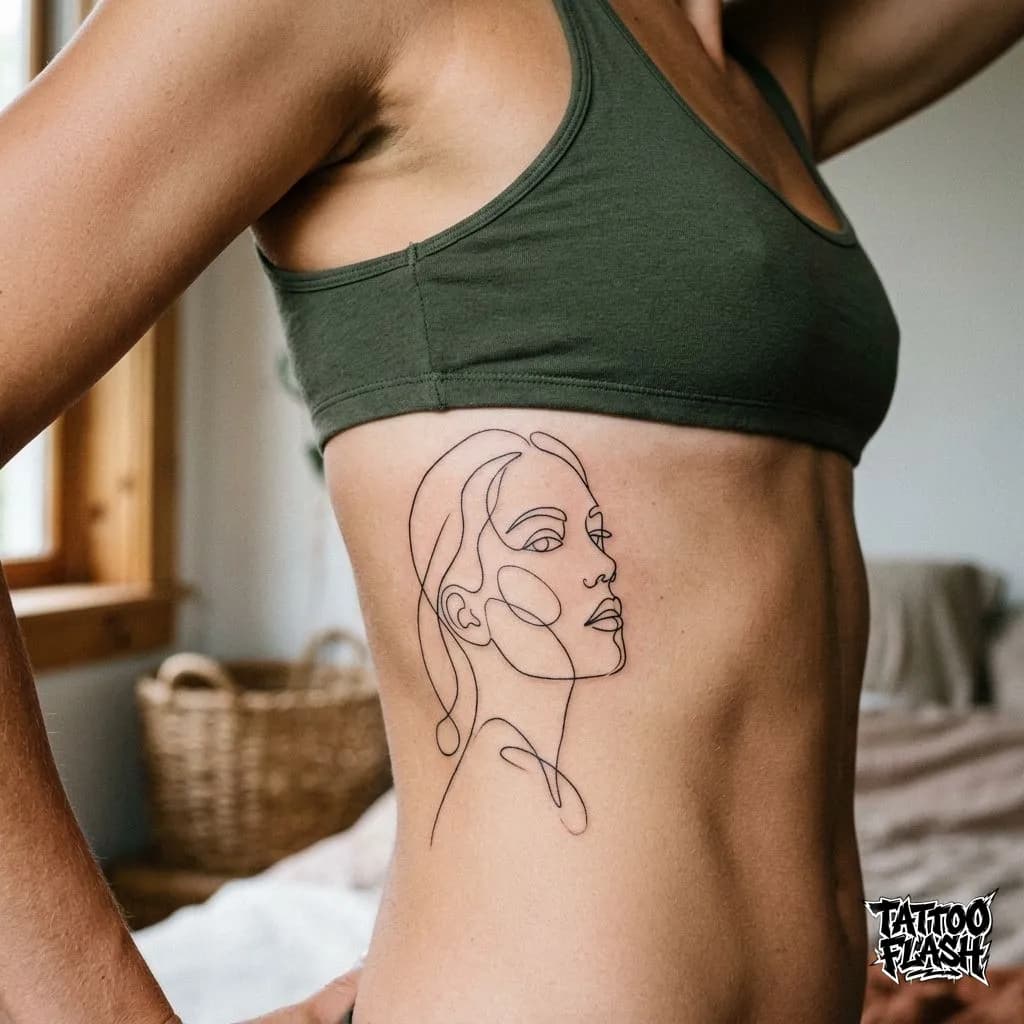 Abstract Continuous Line Art Face Rib Tattoo