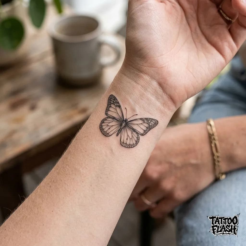 Micro-Realism Fine-Line Butterfly Wrist Tattoo