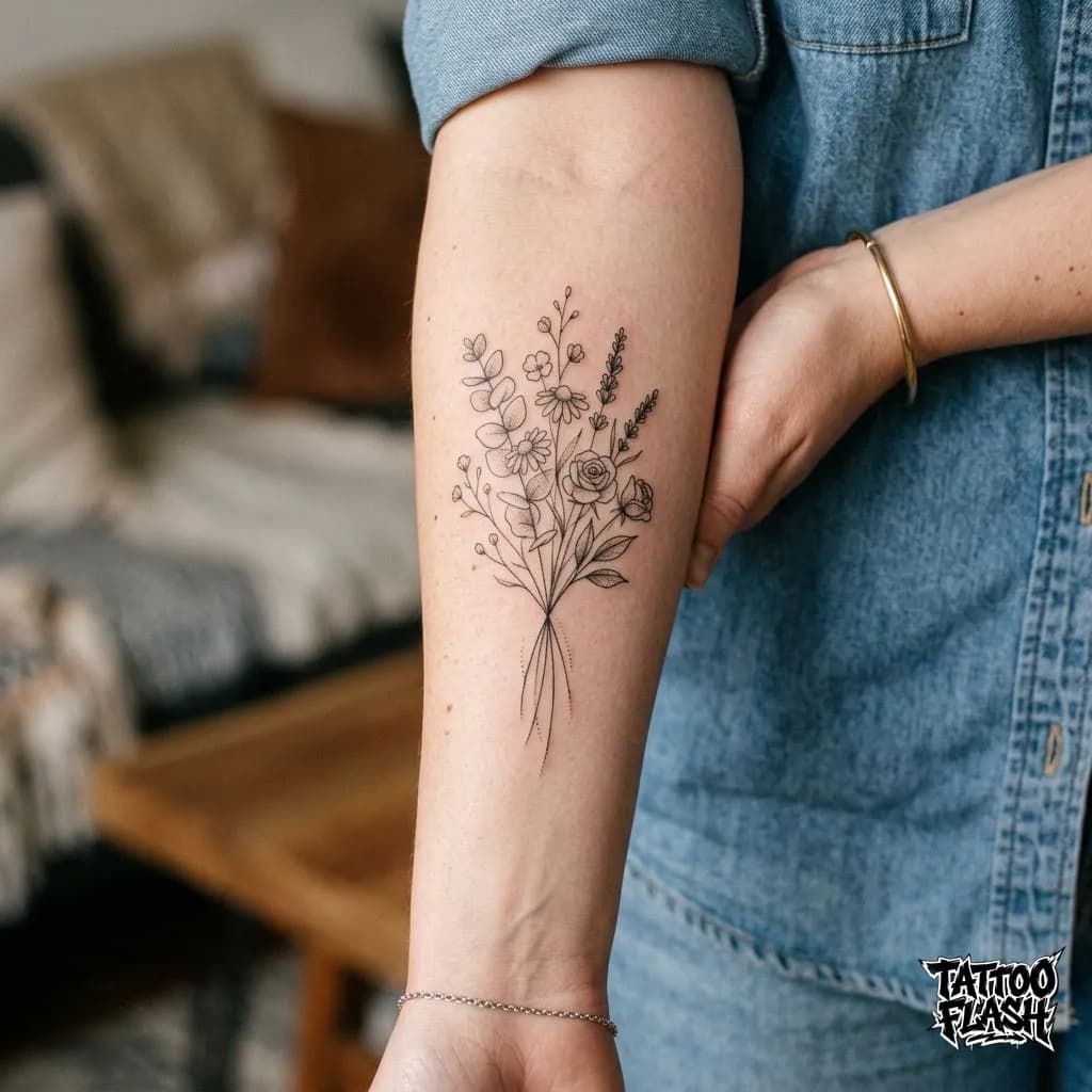 Fine-Line Floral Bouquet Forearm Tattoo
