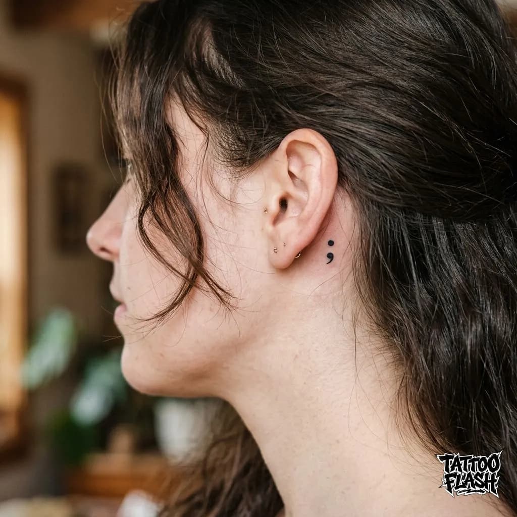Hidden Semicolon Behind Ear Tattoo