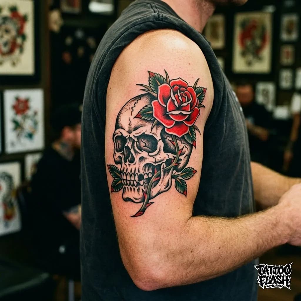 Traditional Skull and Rose Tattoo Meaning