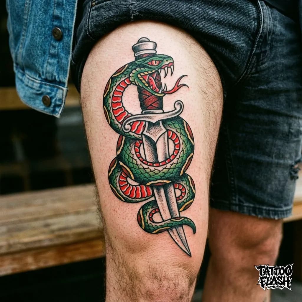 Traditional Snake and Dagger Tattoo