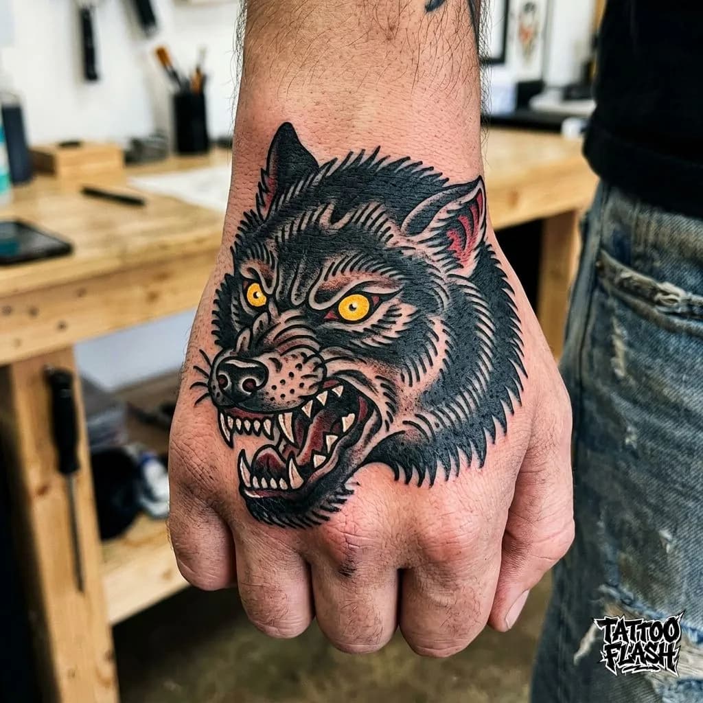 Traditional Wolf Head Hand Tattoo